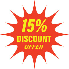 A red starburst seal graphic with yellow text indicating a 15% off discount for sales and promotions.