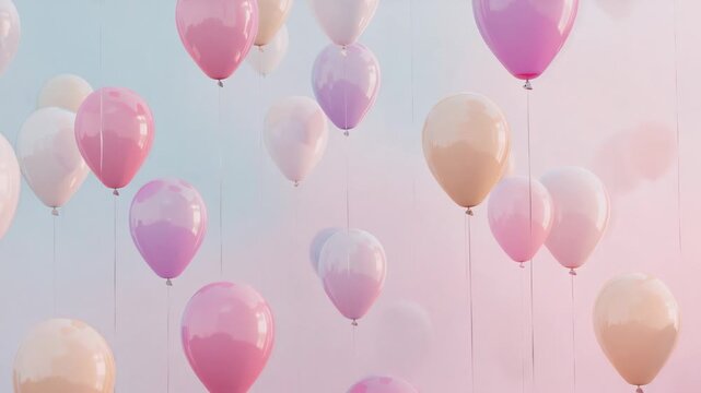 Releasing pastel-colored balloons drifting upward against gradient sky, revealing tethering strings