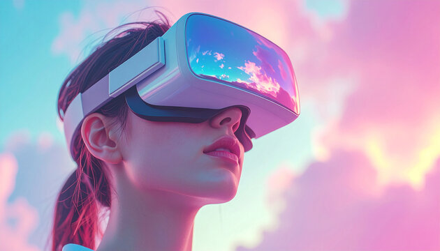Person in VR headset gazes into dreamy pink-blue sky. Reflective visor and soft lighting evoke futuristic immersion, digital escapism, and surreal virtual experience.