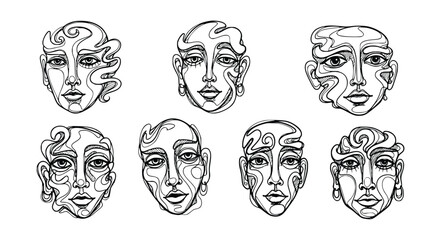 Vector art of set of abstract faces with decorative elements, a modern art collection
