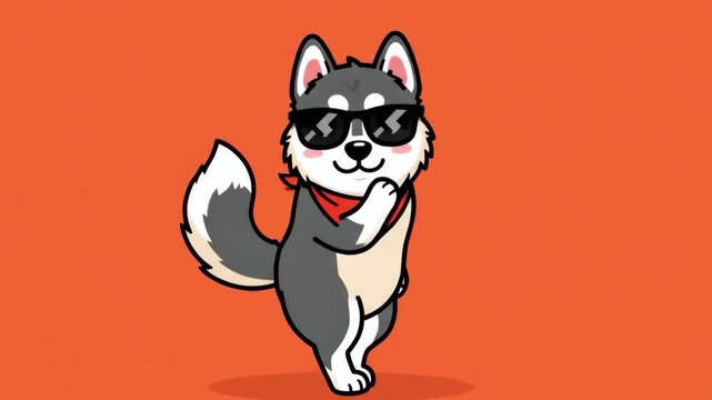 Cool Husky Cartoon dog in sunglasses on vibrant orange background.