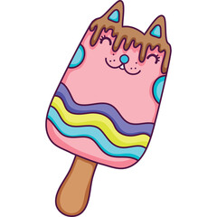 Pink cat shaped popsicle with blue and yellow swirls and chocolate drizzle on a wooden stick with a transparent background