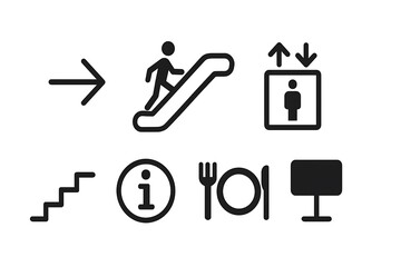 Wayfinding glyph icon set for public areas. Navigation, emergency, escalator, elevator, stairs, information desk, extinguisher, food court, and black sign silhouette illustration are all represented