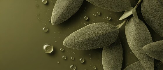 Fresh sage leaves with water droplets on olive green background Concept of herbal medicine, aromatherapy, and natural skincare ingredients