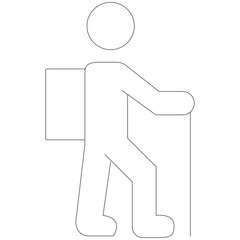 A simple white line art representation of a person walking with a backpack on a transparent background illustrating movement and travel planning for seating arrangements or floor plans.