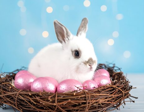 Adorable bunny nestles amongst pink eggs in a rustic twig nest - Powered by Adobe