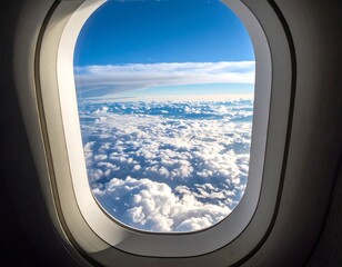 Aerial view of clouds and blue sky visible through an oval airplane window