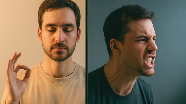 Man showing calm meditation and anger emotions split portrait