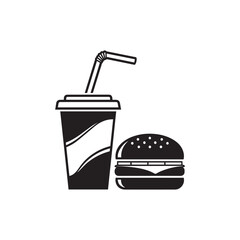 Vector art of black and white icon of a soda cup with straw and a hamburger