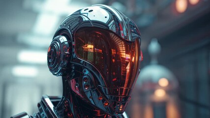 Starting close-up revealing android head with red visor in lab, showing plating with shifting light - Powered by Adobe