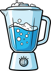 Glass Blender Full of Blue Liquid and Bubbles With White Base and Control Dial