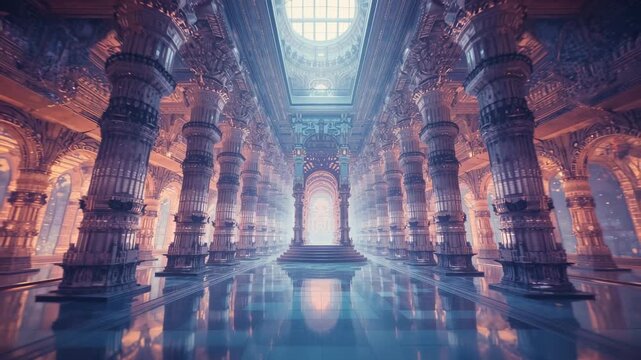 Camera gliding through temple hall past carved columns revealing glowing portal above dais