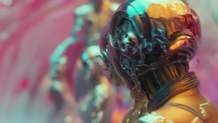 Opening camera zooming on robot smiling and panning, revealing coils and goggles under neon lights - Powered by Adobe