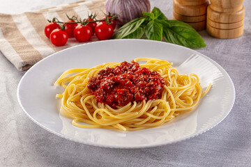 Italian pasta spaghetti bolognese with minced beef meat and tomato sauce