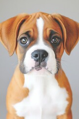 Gentle Boxer Puppy with Beautiful Soulful Eyes Gazing Adorably at the Viewer Against Gray Background