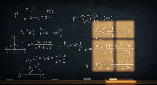 A chalkboard with complex mathematical equations lit by a sunlit window with a gradient