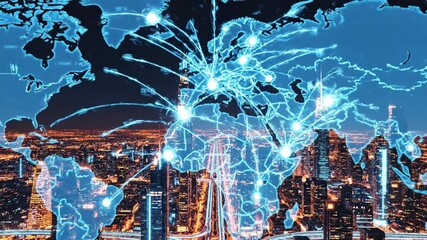 An illuminated world map overlayed on a cityscape at night, connecting cities and nations - Powered by Adobe