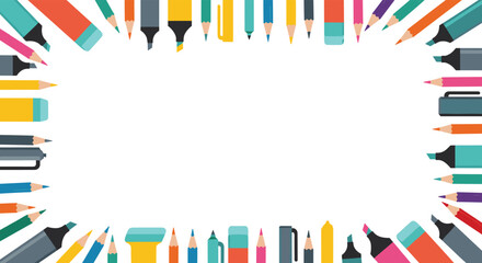 Border of colorful art supplies including pencils, markers, and erasers on a white background.