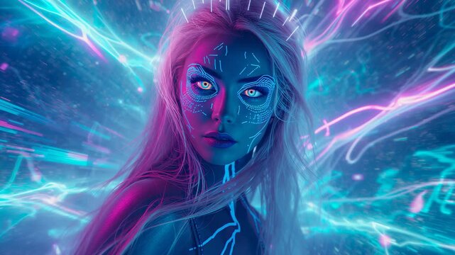 Blinking cybernetic figure flickering tattoos against swirling neon arcs, syncing electric field