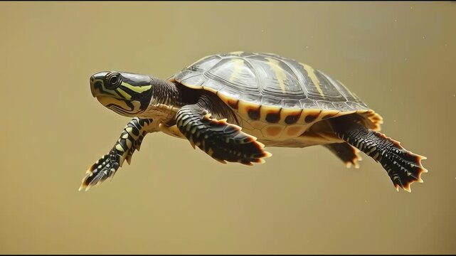 A small turtle swimming gracefully underwater with a blurred background