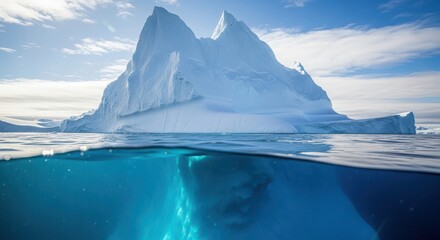 Massive iceberg floating in arctic ocean with underwater view showing glacial ice formations isolated on white background