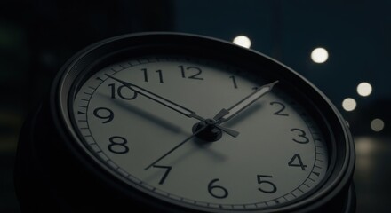 A close-up shot of a classic clock displaying the time in a dimly lit setting