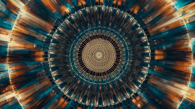 Sequence starting mandala rotating rings in space showing gold filigree center, teal amber beams - Powered by Adobe