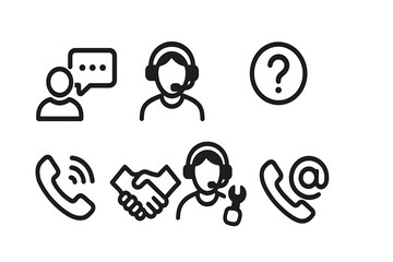 Icons for customer service and assistance. include live chat, technical support, help, call center, hotline, mutual aid, service, and helpline. A collection of illustrations of vector symbols.