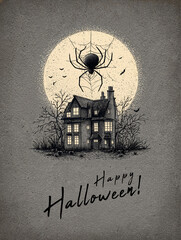 Vintage-style Halloween illustration of a haunted house under a full moon with a giant spider and web. Bats fly in the background, and eerie typography completes the spooky retro design.