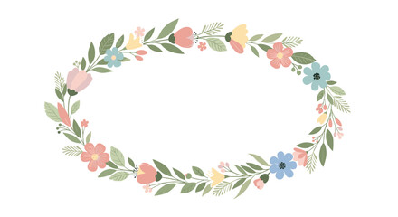 Fototapeta premium Oval floral wreath with pink, blue, yellow, and coral flowers and green leaves on a white background.