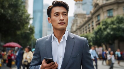 Professional male businessman using smartphone in urban setting city center lifestyle photography
