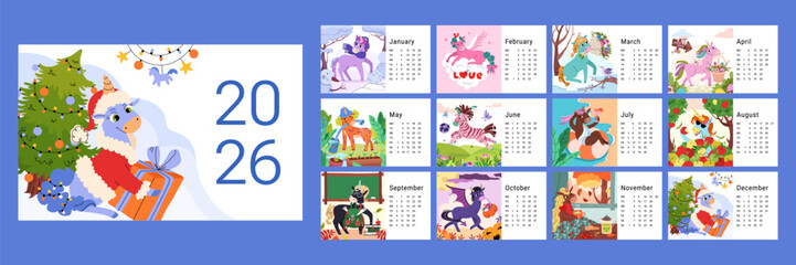 Horizontal calendar for 2026 featuring charming horse in monthly fantasy themes. Each scene shows unique mood for every season. Week starts on Monday. Ideal for gift, kids room, or printable decor