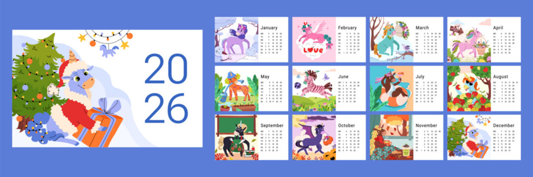 Horizontal calendar for 2026 featuring charming horse in monthly fantasy themes. Each scene shows unique mood for every season. Week starts on Monday. Ideal for gift, kids room, or printable decor