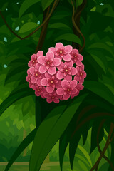 A cluster of pink flowers blooming in the midst of lush green foliage. The flowers are small, five-petaled, and tightly grouped into a spherical shape, hanging gracefully from a vine. The scene is ill