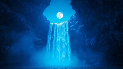 Filtering moonlight illuminating waterfall into pool in rocky cavern under full moon, mist rising
