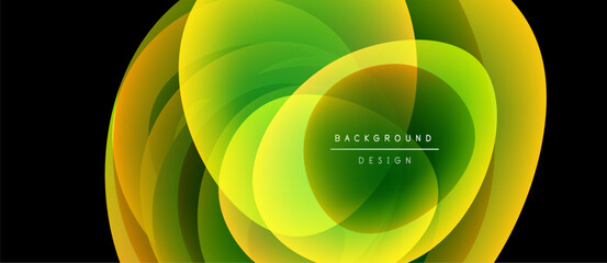 Abstract background features overlapping vibrant yellow, green layers. Design includes text background design centered within circular form.