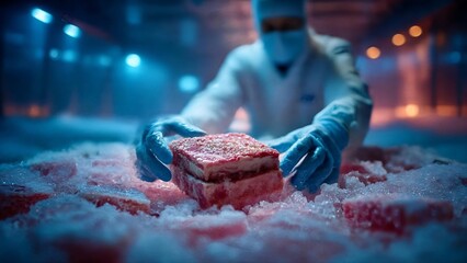 An expert food industry worker in protective gear carefully handles a prime cut of fresh meat in a cold storage facility, highlighting food safety protocols and product quality.