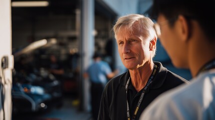 Engaging conversation between professionals at an auto repair shop collaboration daylight close-up