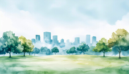 芝のある公園の風景、水彩画