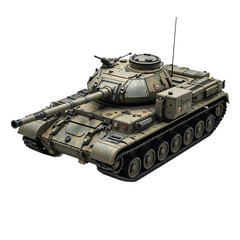 Military main battle tank with camouflage pattern, isolated on a transparent background.