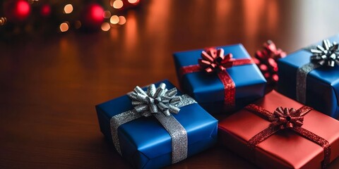Festive New Year s Eve Celebration with Beautifully Wrapped Blue and Red Gift Boxes on Wood