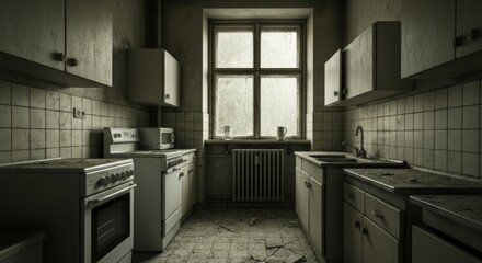 Fototapeta premium A dilapidated, grey kitchen with old appliances, a dirty window, and peeling walls