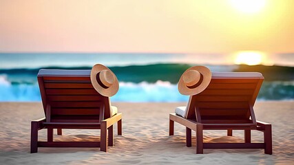The perfect getaway. Two sun loungers with straw hats on the beach with the sunset and ocean in the background. - Powered by Adobe