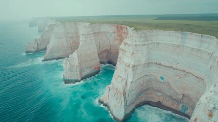 Drone gliding toward chalk cliffs above turquoise sea after launch, hovering over plateau - Powered by Adobe