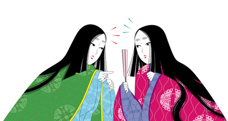 日本の伝統衣装「袿」。平安時代風の女性イラスト。口論する二人。