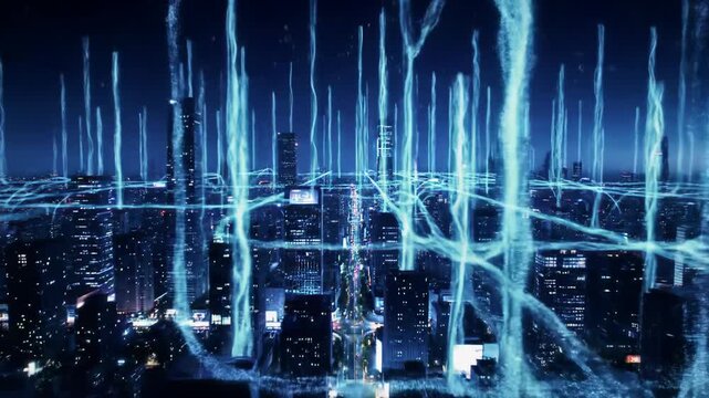 Sweeping aerial video of a futuristic megacity at night, glowing neon skyscrapers, intricate roads, electric-blue data streams intertwining, high-tech smart city concept