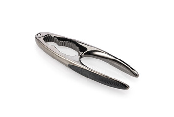Stainless steel nutcracker kitchen tool with ergonomic handles isolated on white background