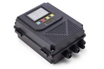 Obraz premium Industrial Control Inverter Box With Touchscreen Display And Cable Connectors For Power Systems. Inverter for controlling the electric current and power stabilizer isolated on white background