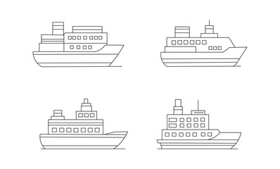 Obraz premium Ship Line Icons Set – Cargo, Ferry, Cruise, and Marine Transport Outline Vector Collection