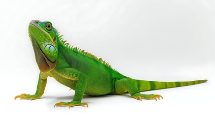 Naklejka premium Vibrant green lizard standing tall against a white background